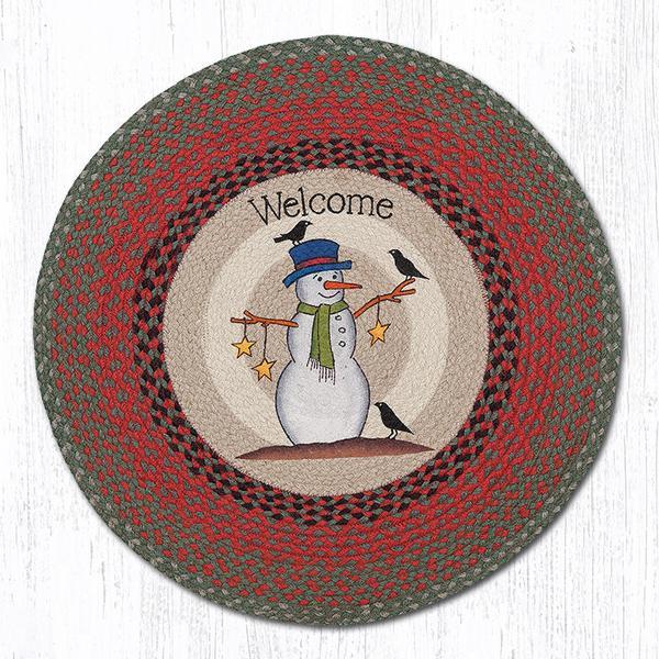 Braided Round Stenciled Painted Area Rug By Earth Rugs. SNOWMAN CROW STARS. 27”