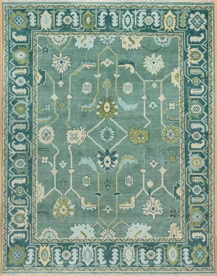 Hand Knotted Oushak Rug Muted Teal Sage Green 9×12 Wool Area Rug Large Tradition