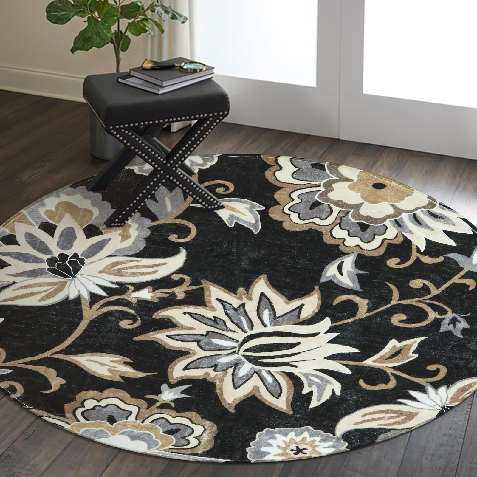 Floral Black Round Rugs – 3Ft Washable Round Area Rug Non-Slip Small Round En…