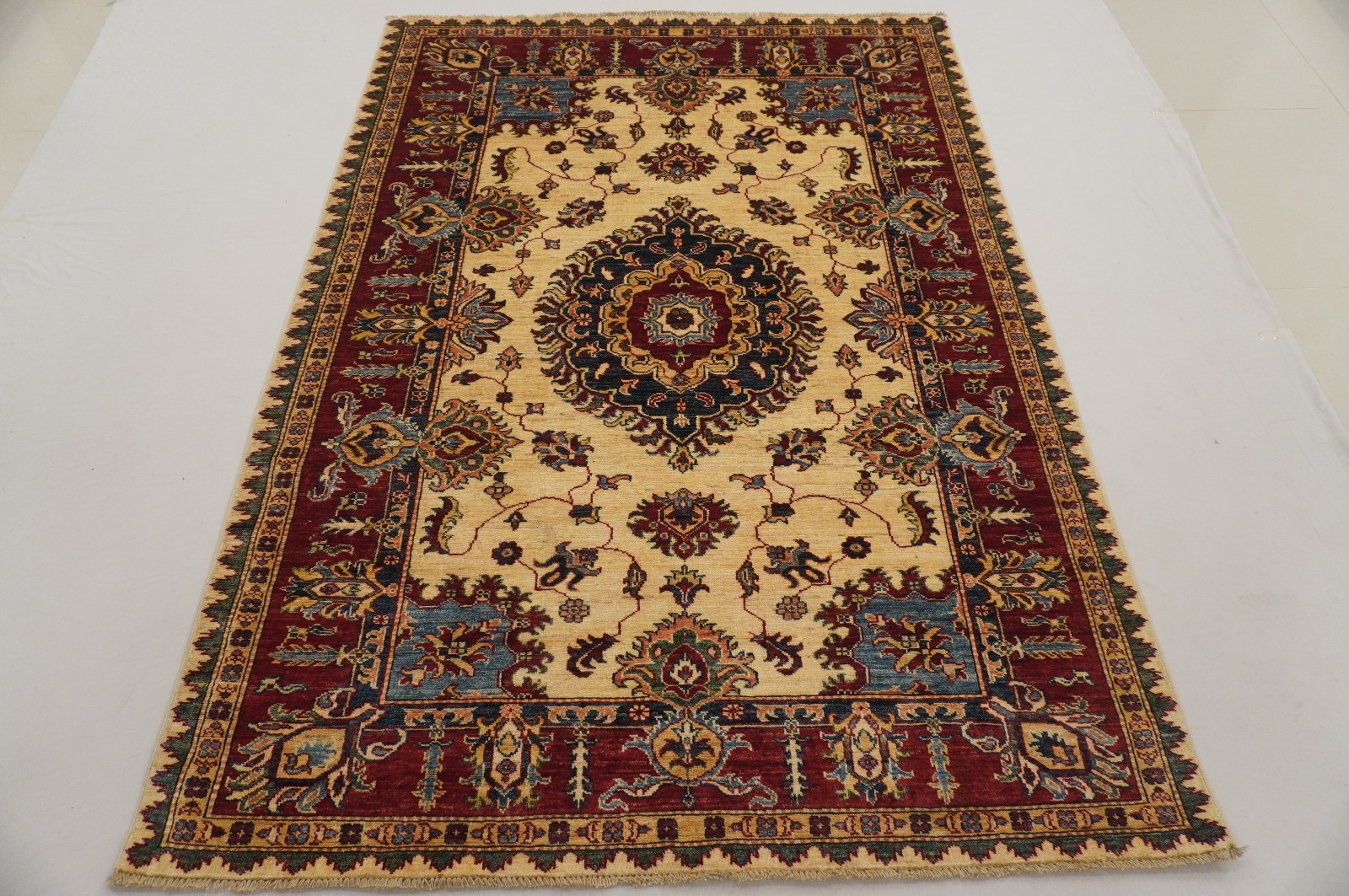 5×7 ft Beige Kazak Afghan Hand Knotted Wool Oriental Area Rug