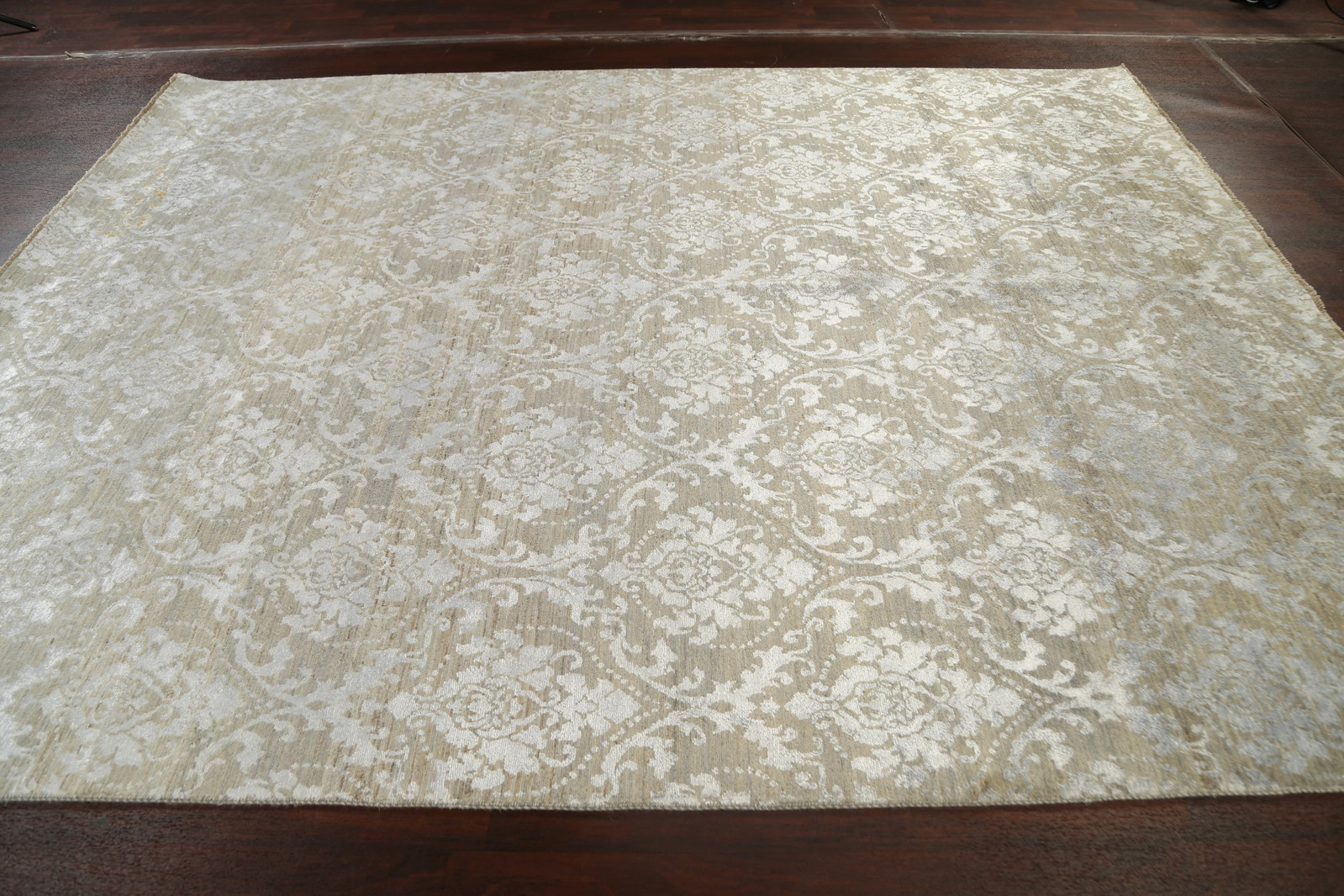 100% Vegetable Dye Abstract Rug 8×11 Ft Handmade Grey / Silver Wool & Silk Rug