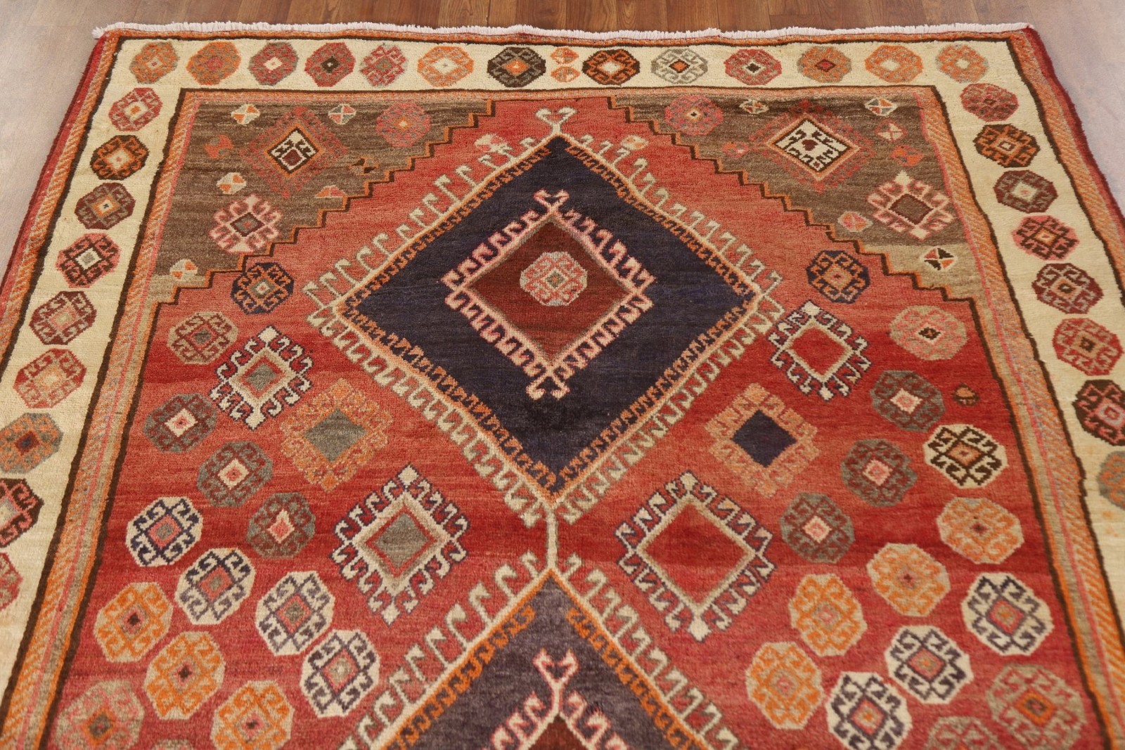 Geometric Rust Wool Area Rug 5×8 Vintage Tribal Traditional Handmade Carpet