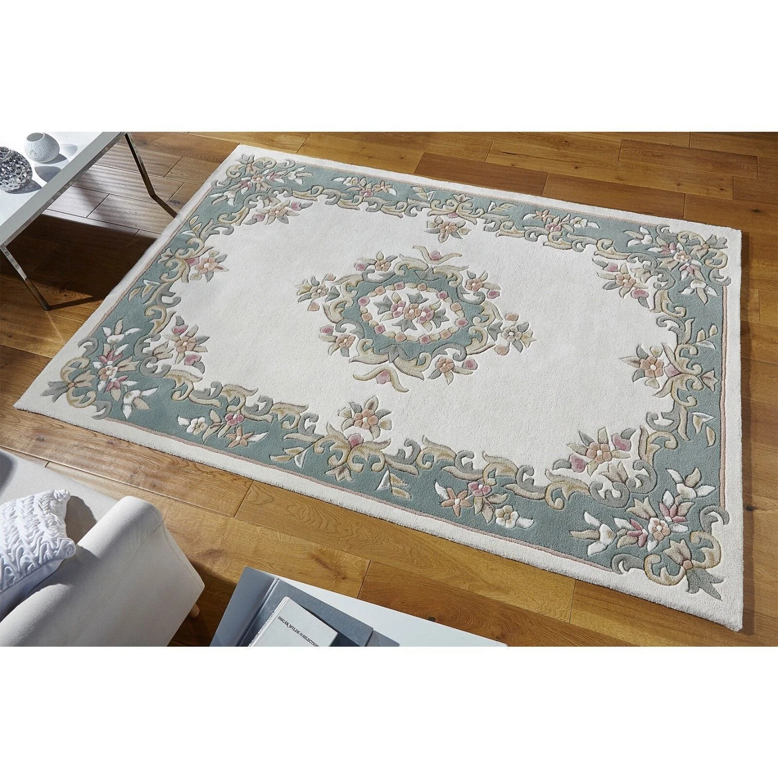 Green Wool Rug Hand Tufted Floral Area for Living Room Bedroom Carpet