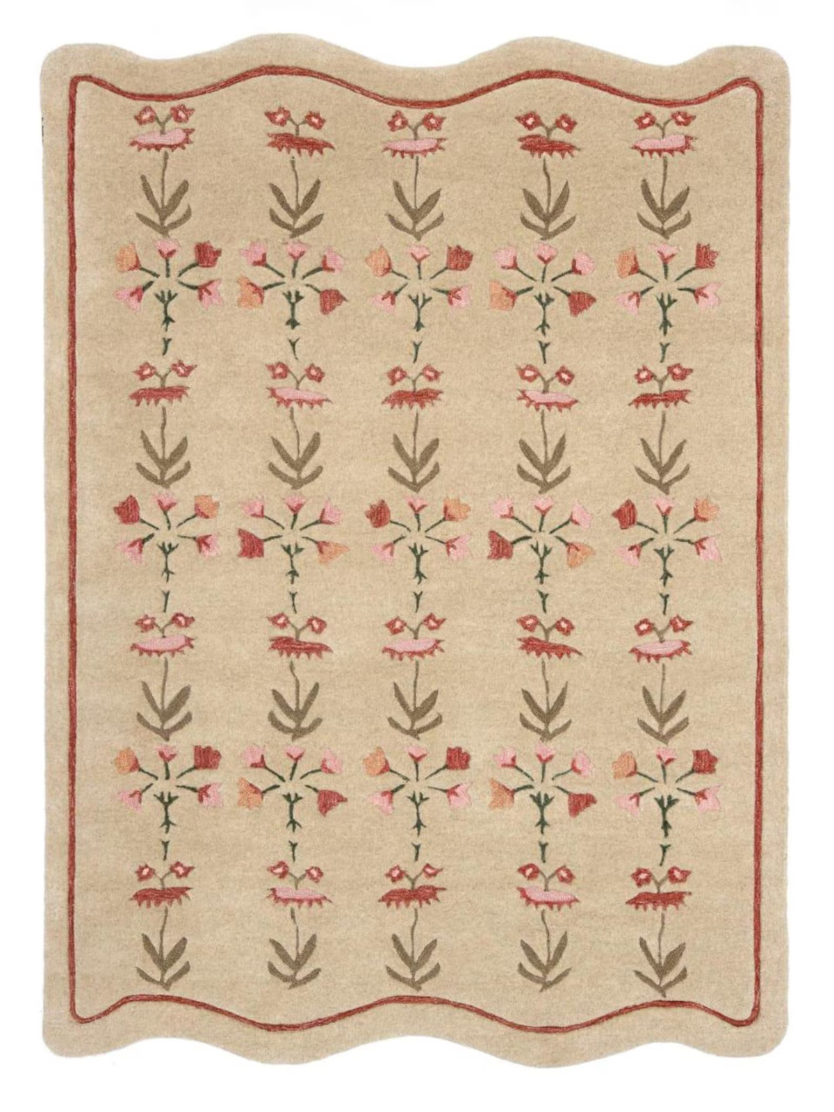 Hand Tufted Beige Wool Rug Floral Pattern with Pink Red Green Motifs and Scallop