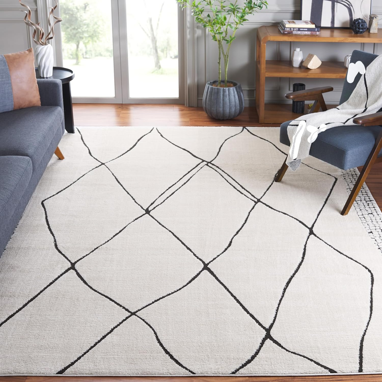 Melody Collection 9′ x 12′ Ivory & Black Moroccan Area Rug, Easy Care