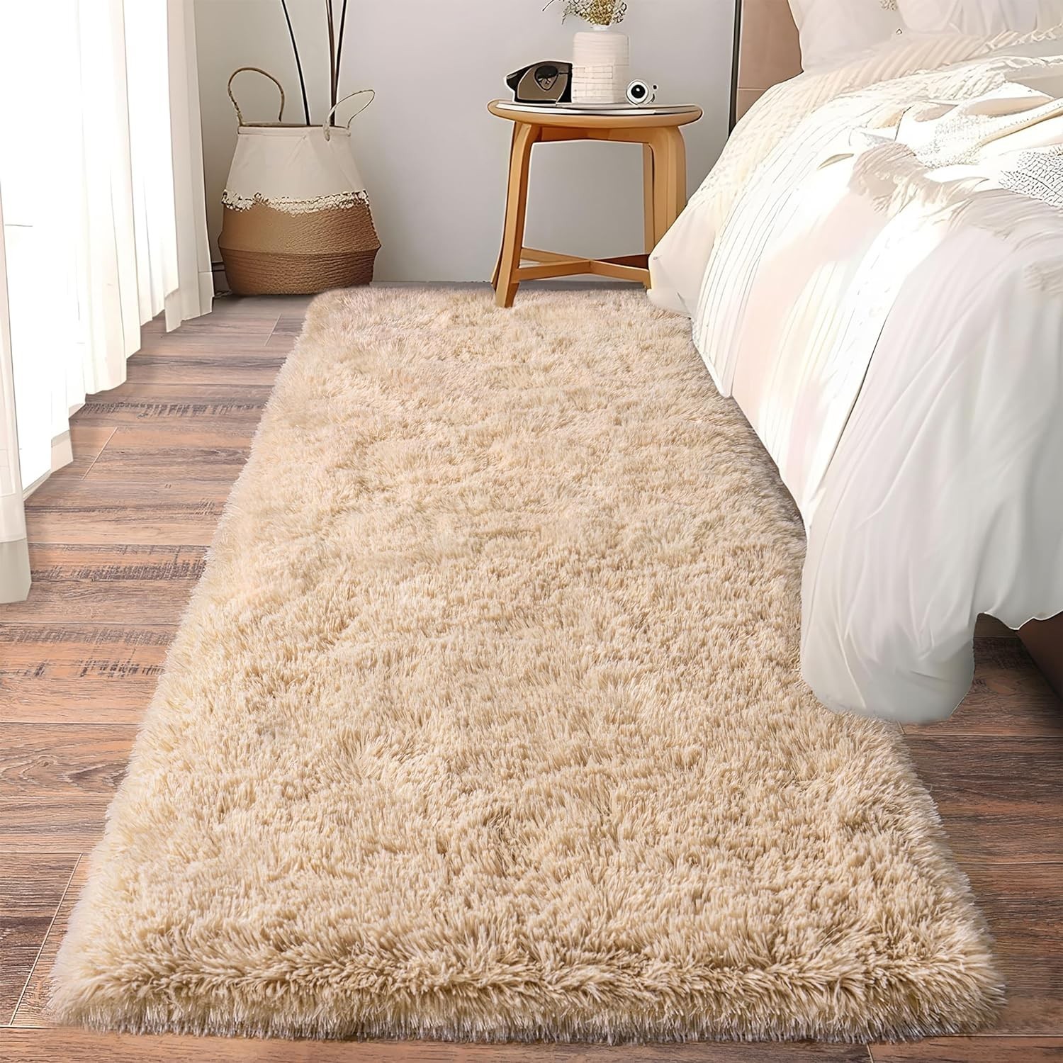 Soft Runner Rugs for Bedroom Hallways, 2X6 Beige Fluffy Shag Throw Area Rug Non