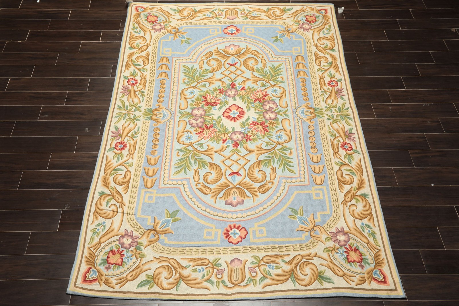 6×9 Hand Woven Wool Aqua, Blue Chainstitch Traditional Floral Rug