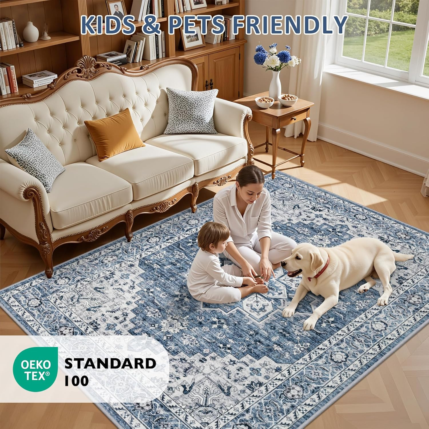 Soft Vintage Boho Medallion Area Rug 10×12 – Washable Non-Slip Carpet Blue