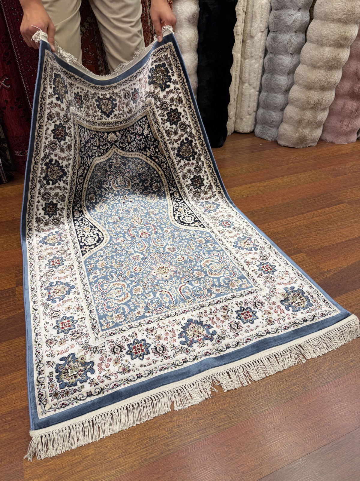 Turkish Silk Prayer Rug 3×5 FT Blue Islamic Seccade Brand New
