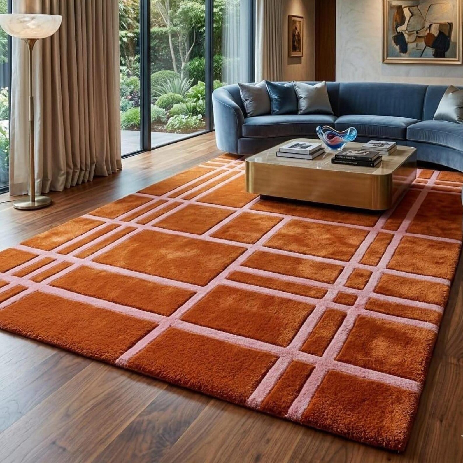 Luxury Modern Orange Geometric Wool Rug Hand Tufted Abstract Grid Carpet 6×9