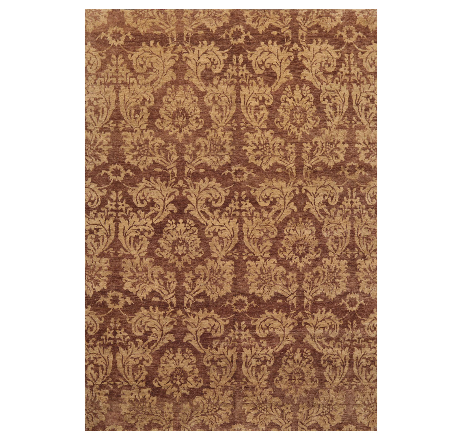 6′ x 8’8” Hand Knotted New Zealand Wool Damask Antique Finish Area Rug Brown