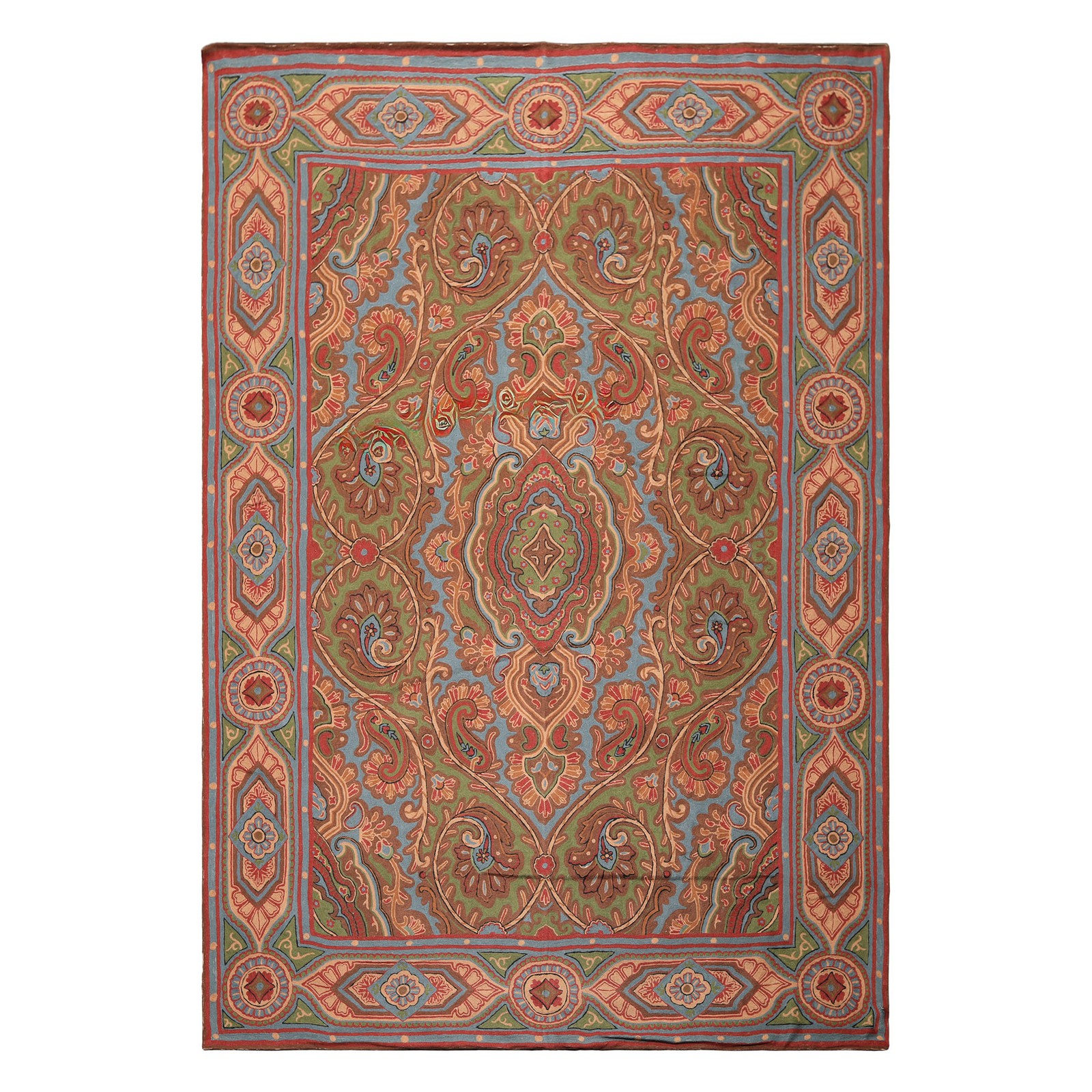 5’9”x8’6” Hand Woven Wool Green, Aqua Chainstitch Needlepoint Floral Rug
