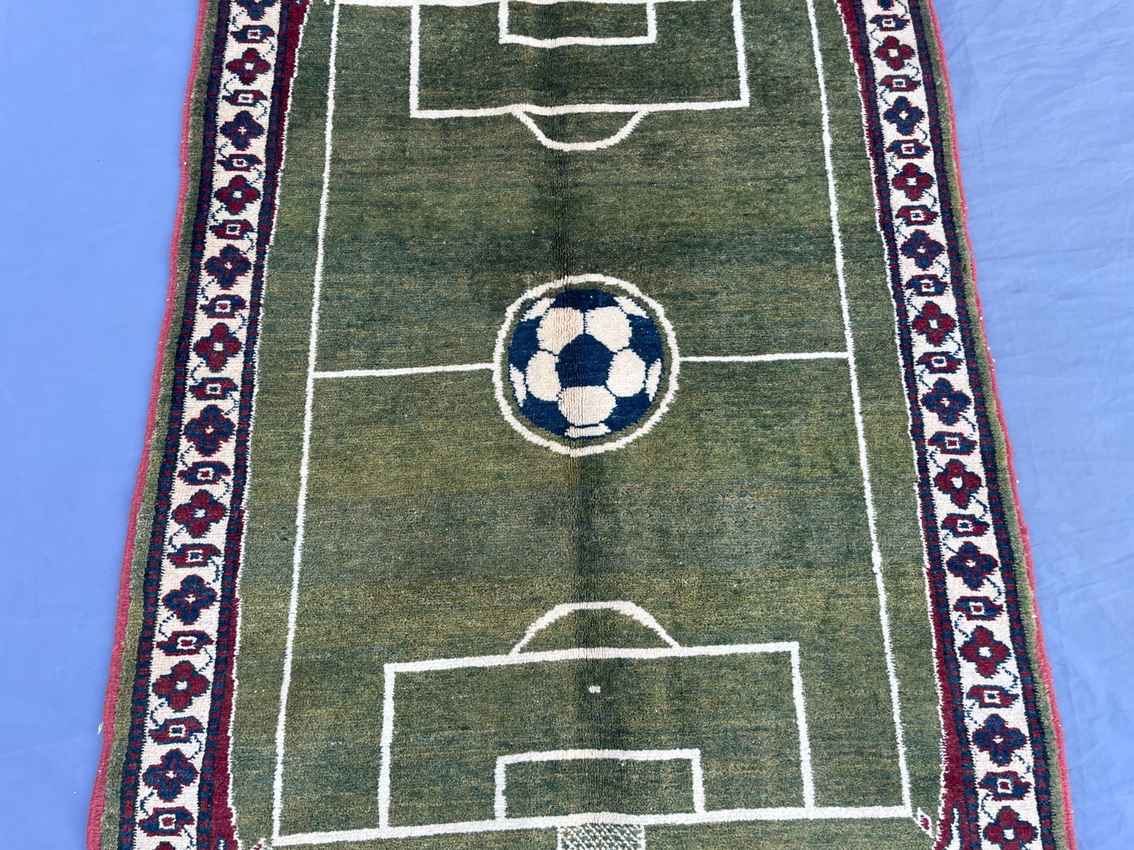 2×4 Pictorial Afghan Football Rug with Soccer Field Design and Floral Tribal