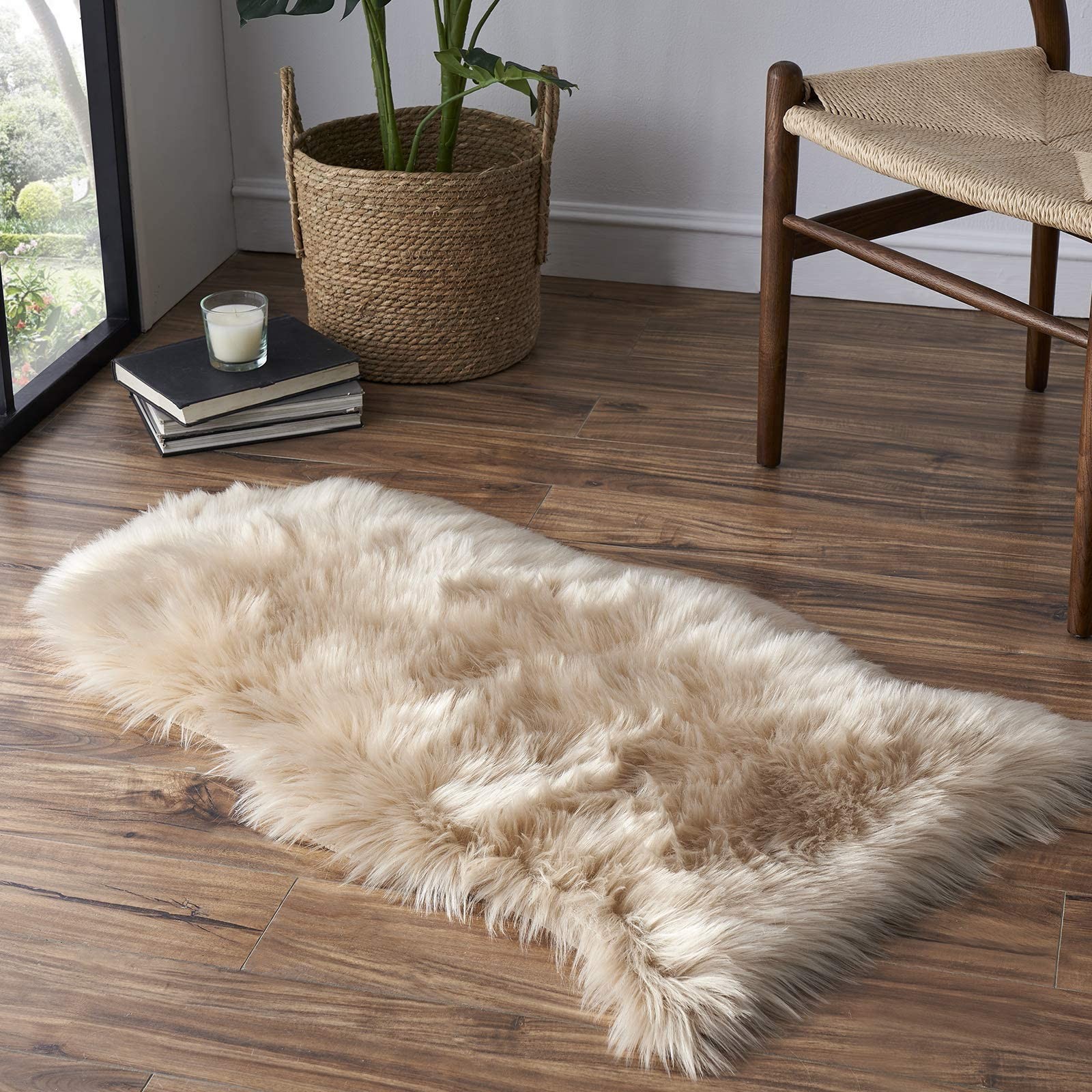 Faux Fur Rug Sofa Chairs Cover, Beige Small Rug for Bedroom, 2X3 Shaggy Furry…