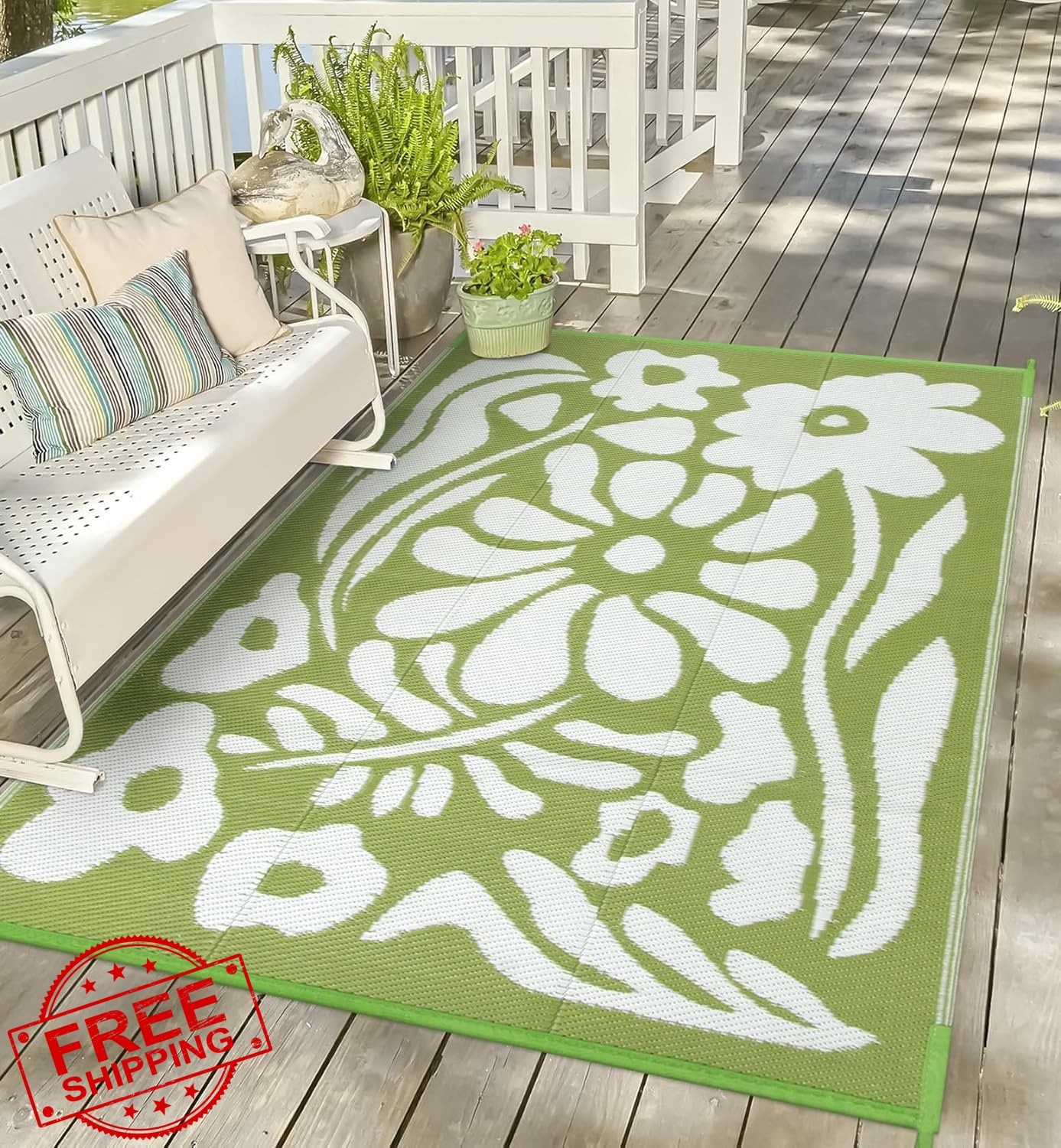 Uphome 5×8 Green Floral Outdoor Rug, Plastic Straw Reversible