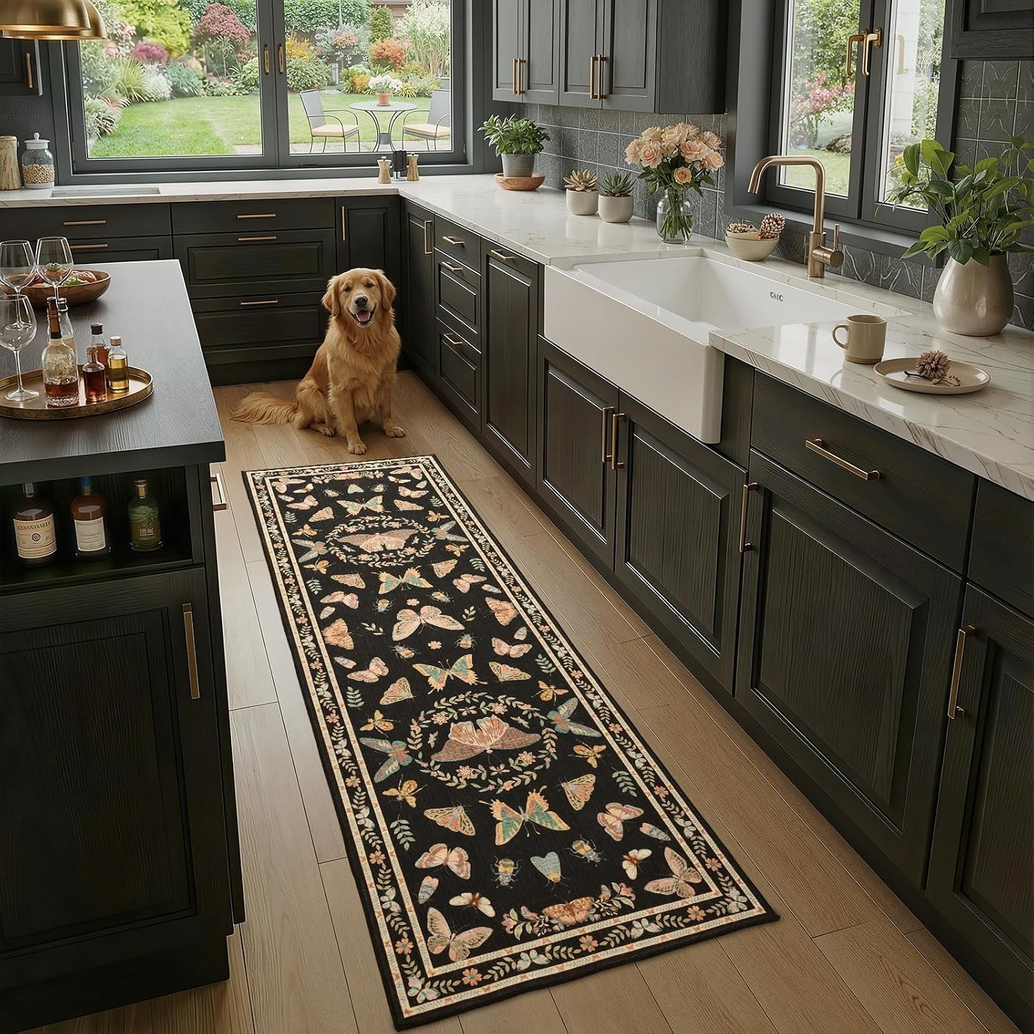 2X6 Black Runner Rug, Washable Non Slip Insect Botanical Rug for Hallway, Kitche