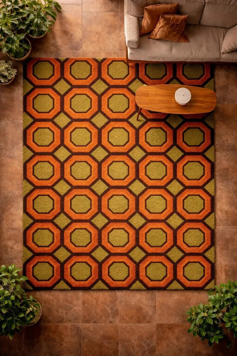 Hand Tufted Mid Century Modern Hexagon Pattern Burnt Orange Green Rug