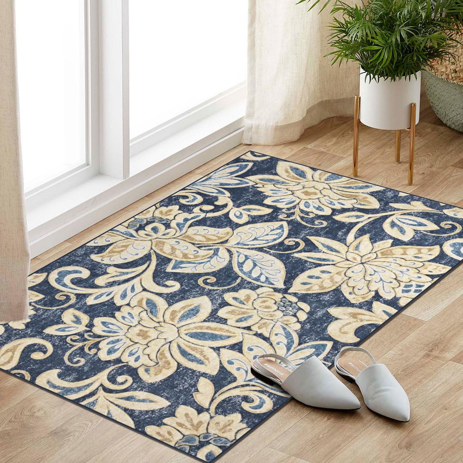 Blue Beige 2×3 Paisley Floral Washable Entryway Rug NonSlip Indoor Mat