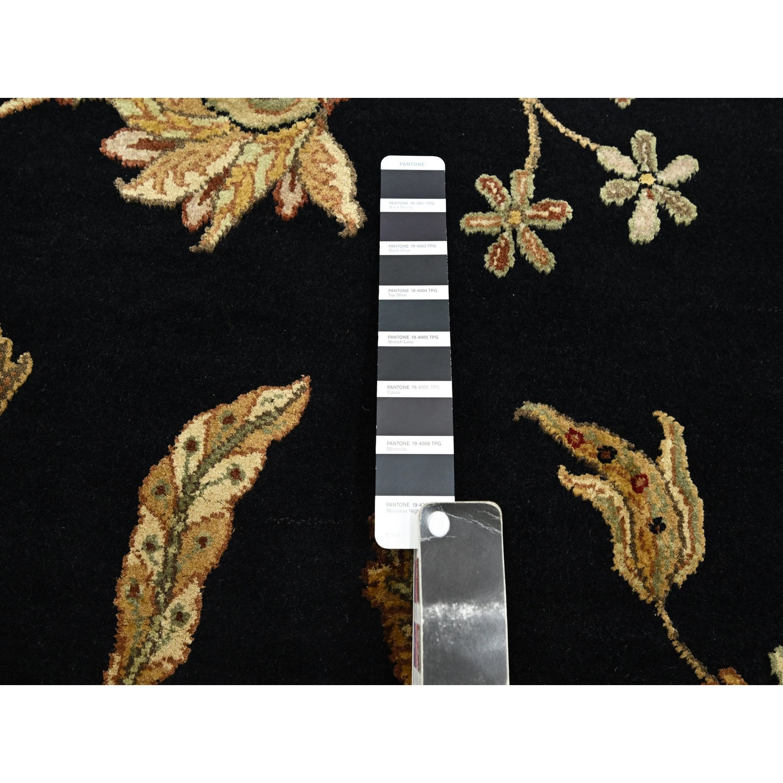 4’1″x6’1″ Black Wool and Silk Botanical Design Hand Knotted Oriental Rug R75608