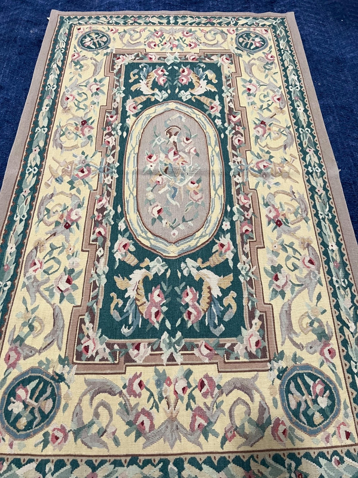 Chic wool aubusson needlepoint green yellow multicolor 3×5 medallion rug.