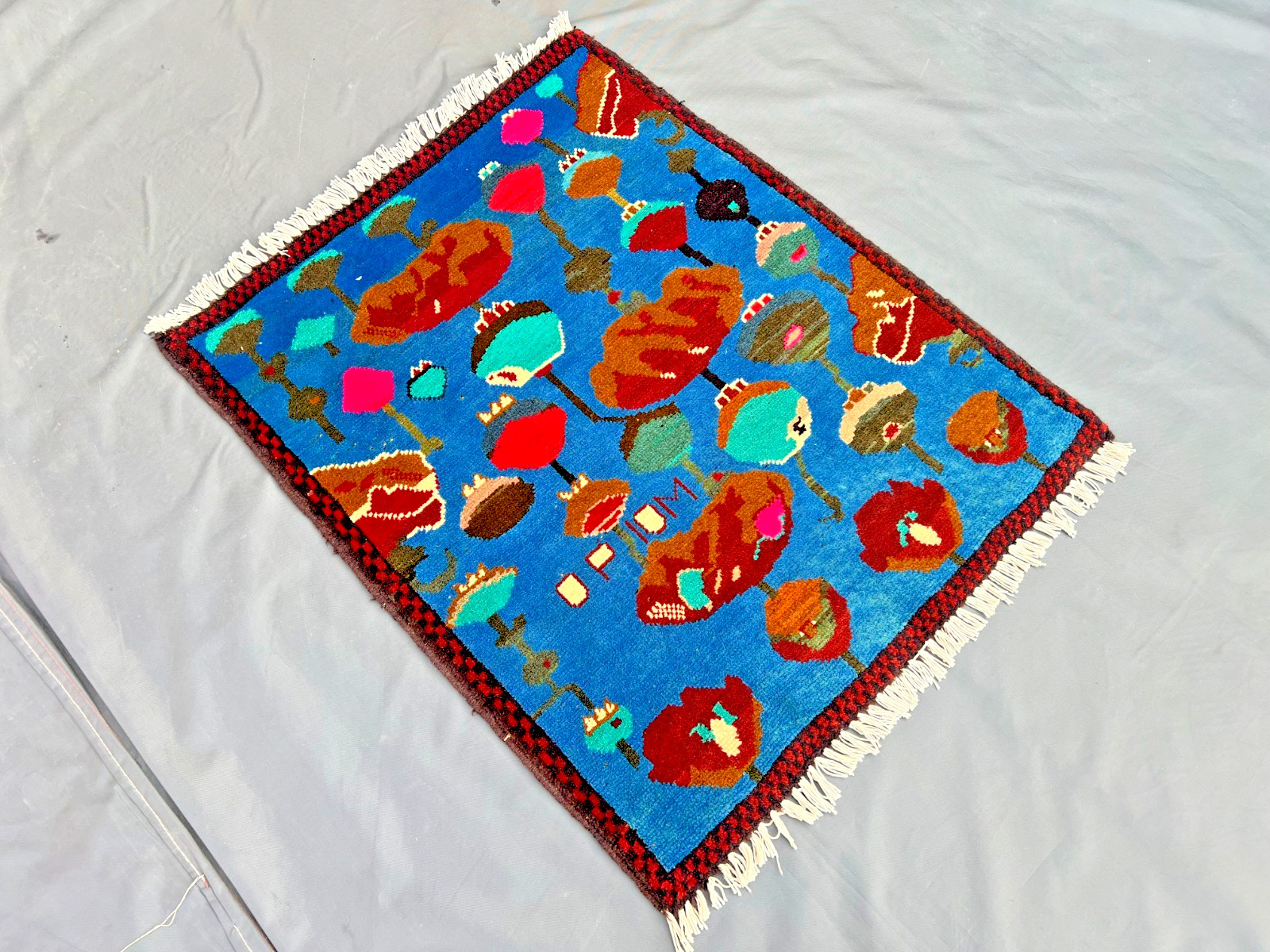 2’1 x 2’8 Ft Colorful Afghan War Rug – Opium Trade Pictorial Design Blue Field