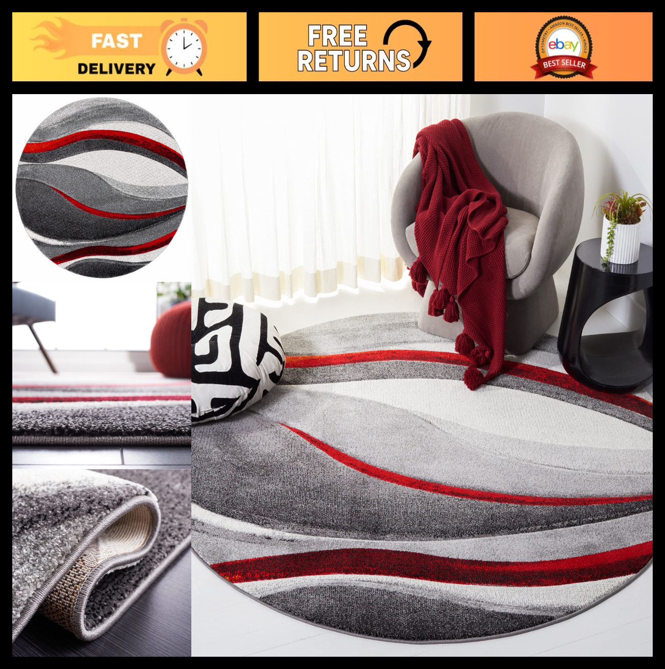 Modern 3′ Round Area Rug – Grey & Red, Non-Shedding, Easy Care, Ideal for High T