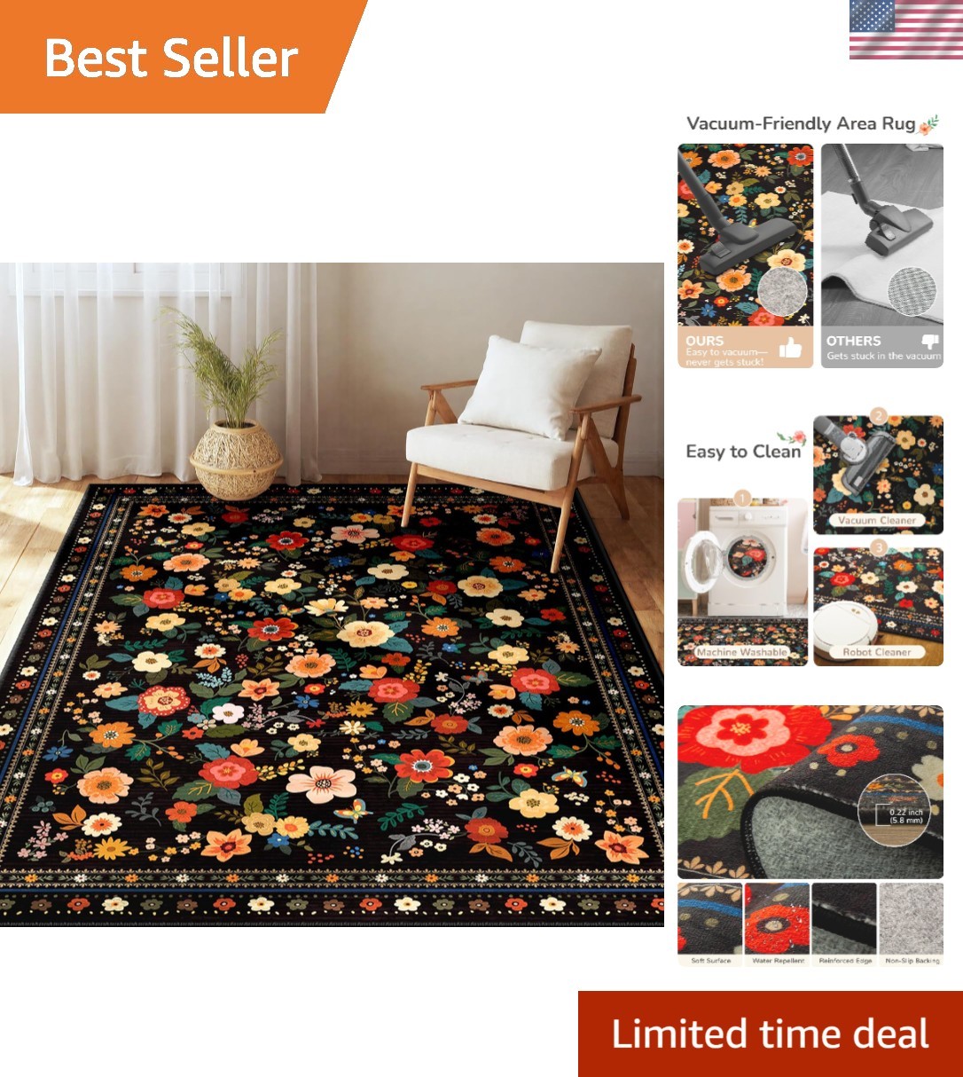 Elegant 3′ x 5′ Bohemian Floral Printed Rug – Vacuum Friendly & Easy Care