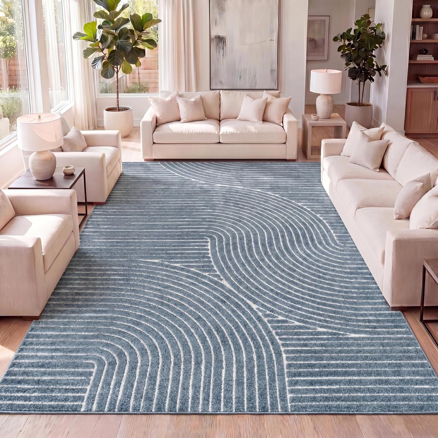 Hallie High-Low Curve Dark Blue/Cream 3X5 Indoor/Outdoor Area Rug, Minimalist Ge