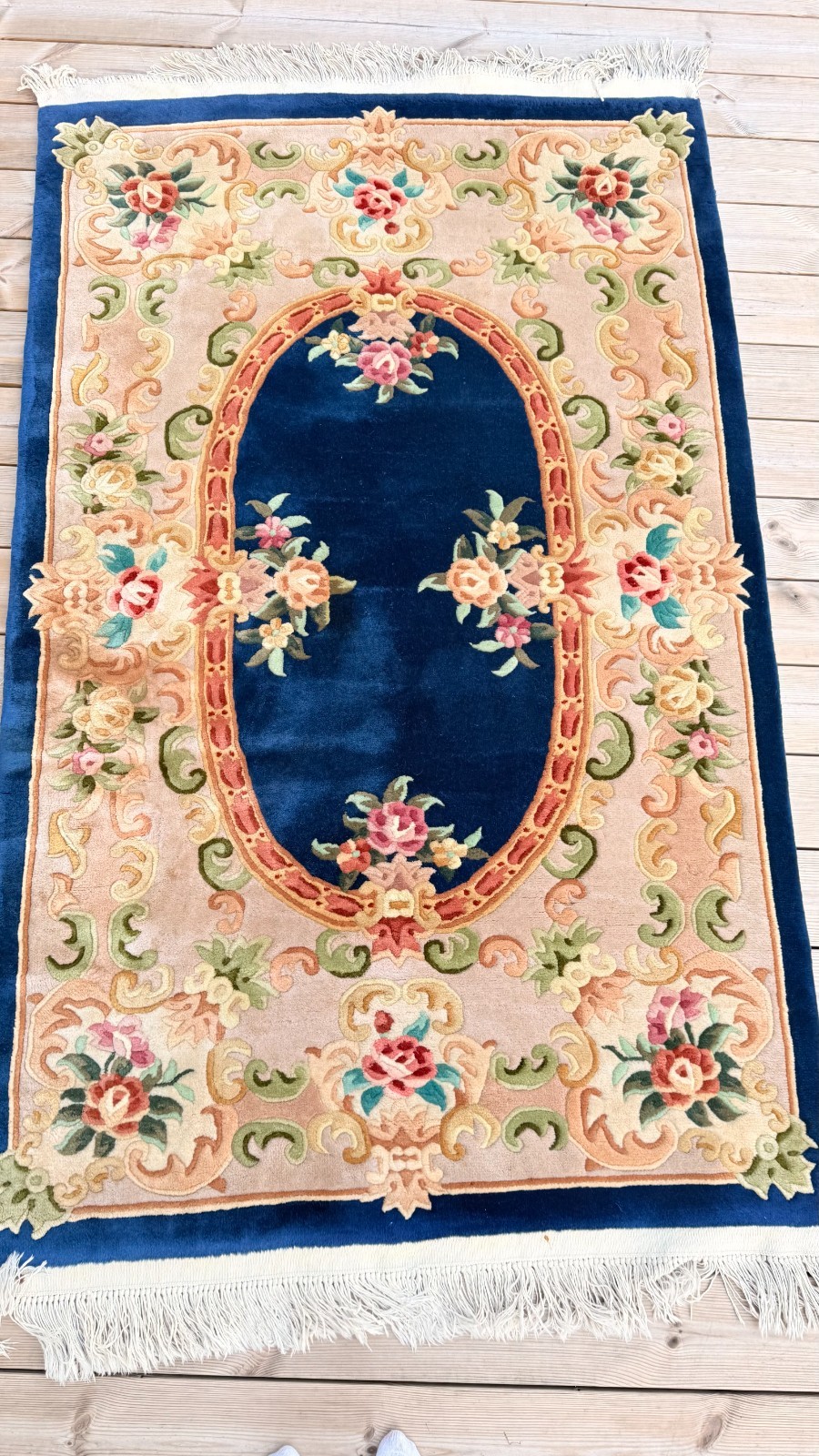 Chinese Aubusson Hand Knotted Wool Rug 4×6 Blue Floral Medallion 120×190 Unused