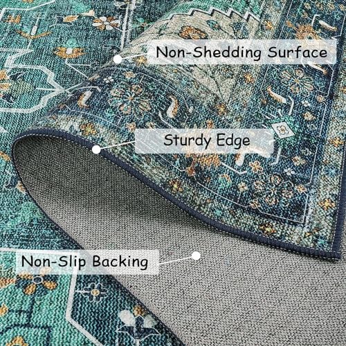 2×4 Teal Vintage Floral Medallion Runner Rug – Machine Washable, Non-Slip,