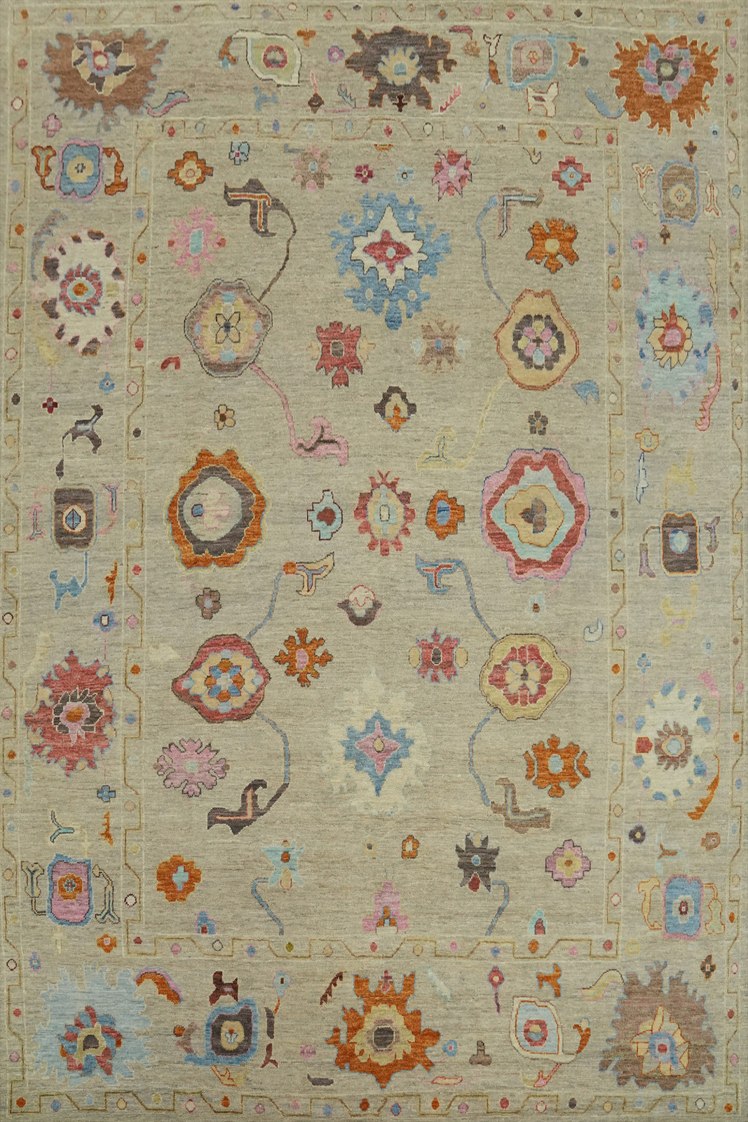 Hand-Knotted Oushak Turkish Area Rug 9×12 Ft Transitional Vegetable Dye Carpet