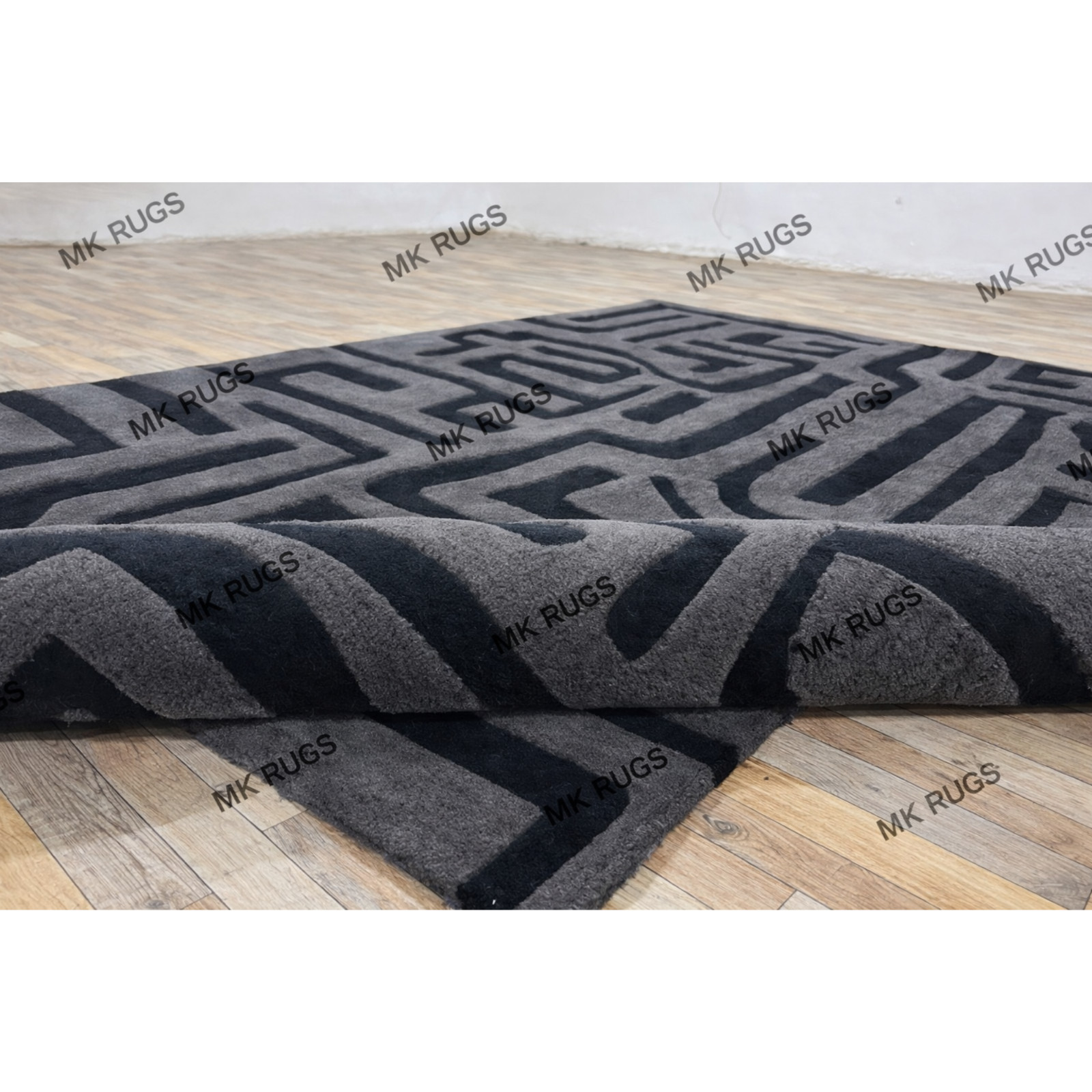 Modern Grey Black Geometric Hand Tufted Wool Area Rug Contemporary Thick Luxury