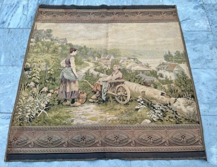 Vintage Tapestry, French Tapestry Village Tapestry Pictorial Tapestry,3x3ft