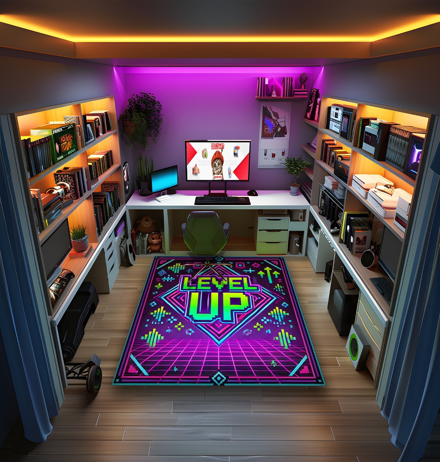 Neon Rug, Gaming Room Decor, Neon ‘Level Up’ Gaming Rug, Custom Purple GamerRoom