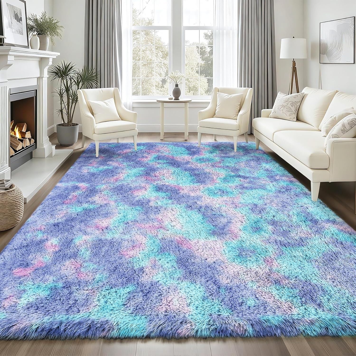 8×10 Fluffy Rugs for Girls Bedroom: Large Shag High Pile Area Rug Upgrade Non-Sl