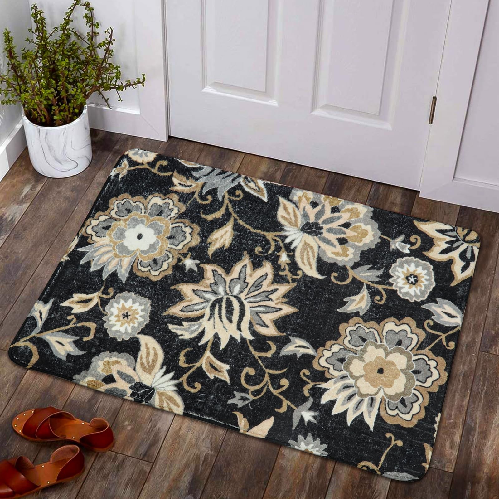 Black Paisley Floral Washable Area Rug 2×3 Ft NonSlip Entryway Carpet