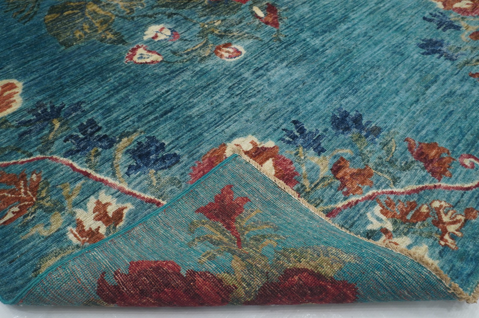 6×8 ft Turquoise Blue Floral Afghan Hand Knotted Wool Area Rug