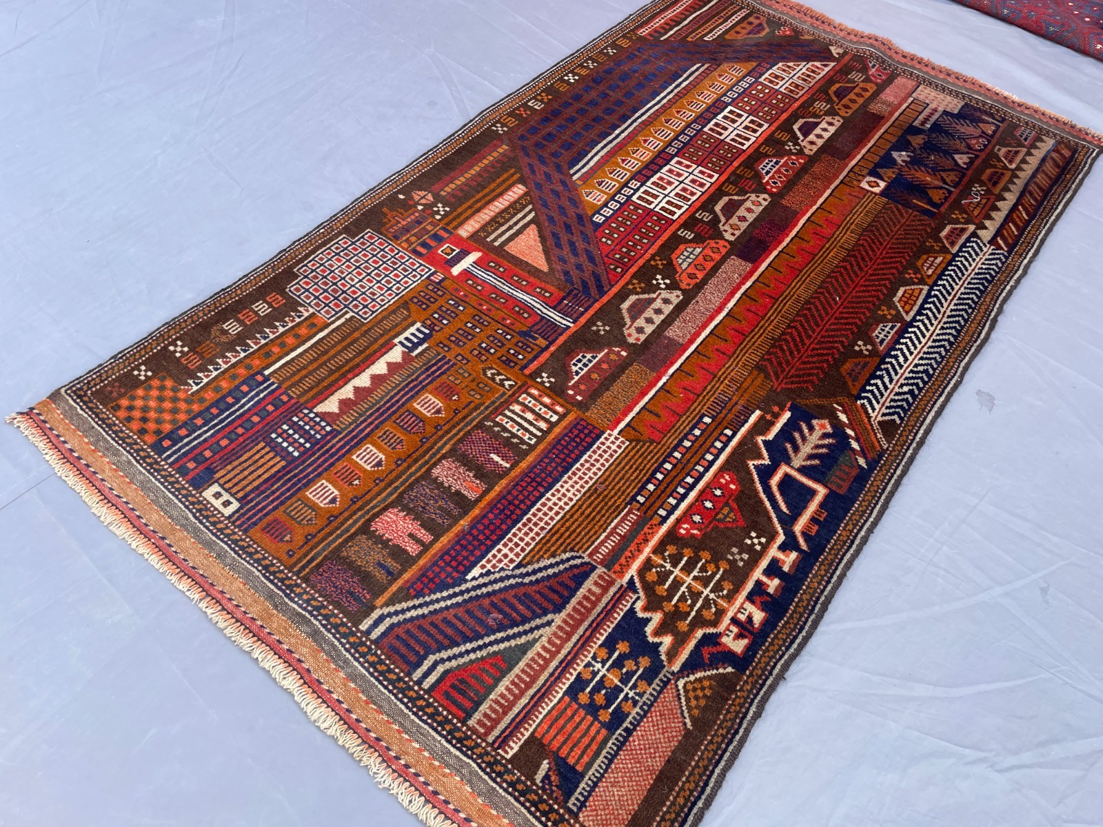 3×5 Baluchi Pictorial Wool Rug with Architectural Panels and Geometric Tribal