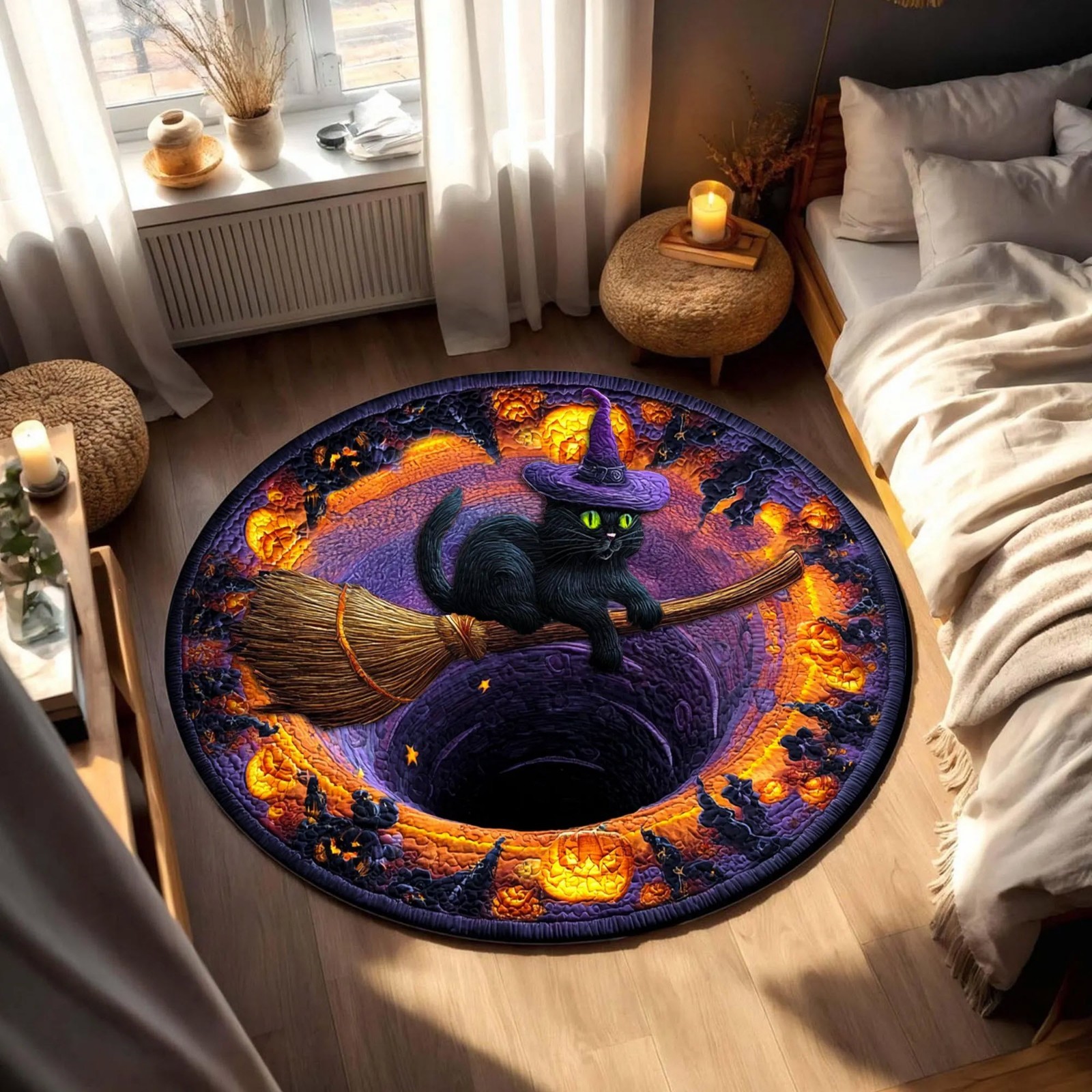 3D Cat Witch Halloween Round Rug, Spooky Black Cat Broom Pumpkin Decor Mat