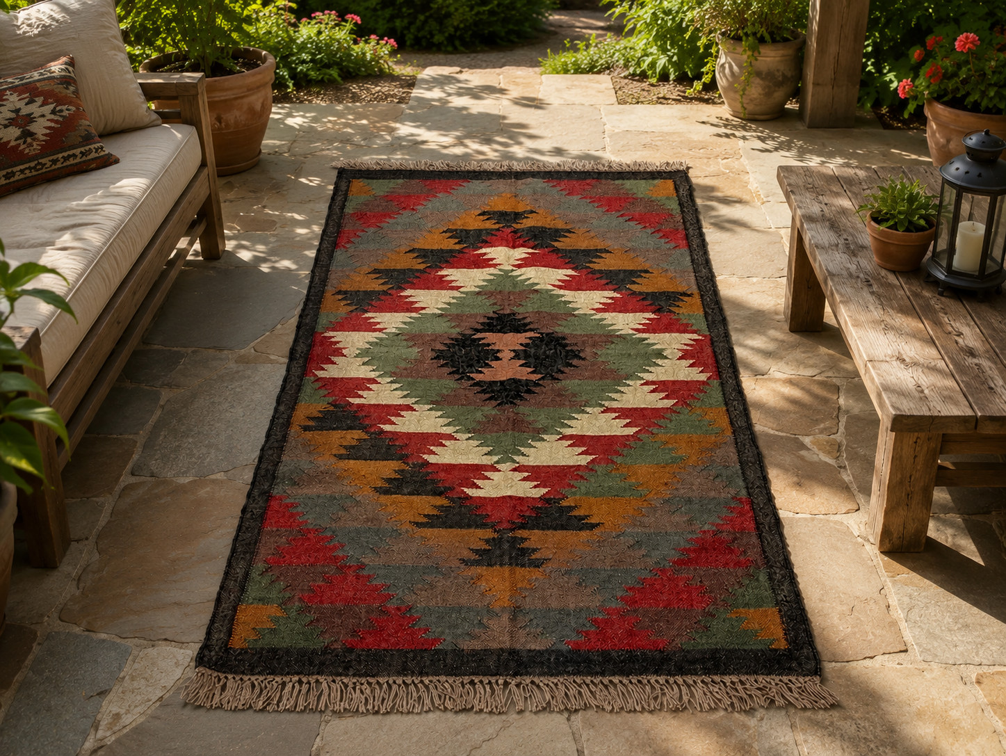 Handmade Wool Jute Kilim Rug, 5×8 Boho Vintage Area Carpet