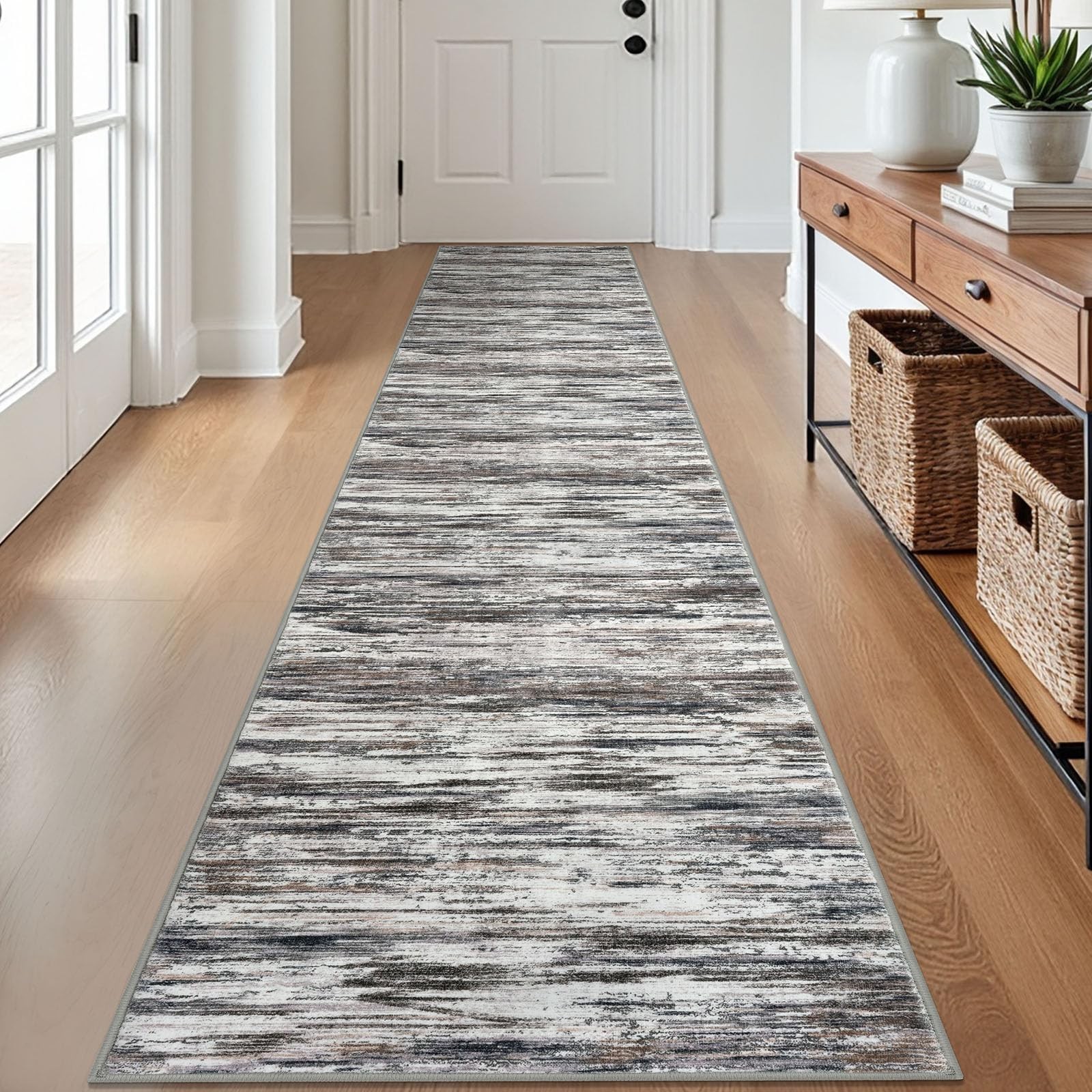 Modern Abstract Runner Rug 2×12 Feet Grey Brown – Soft Non-Slip Washable