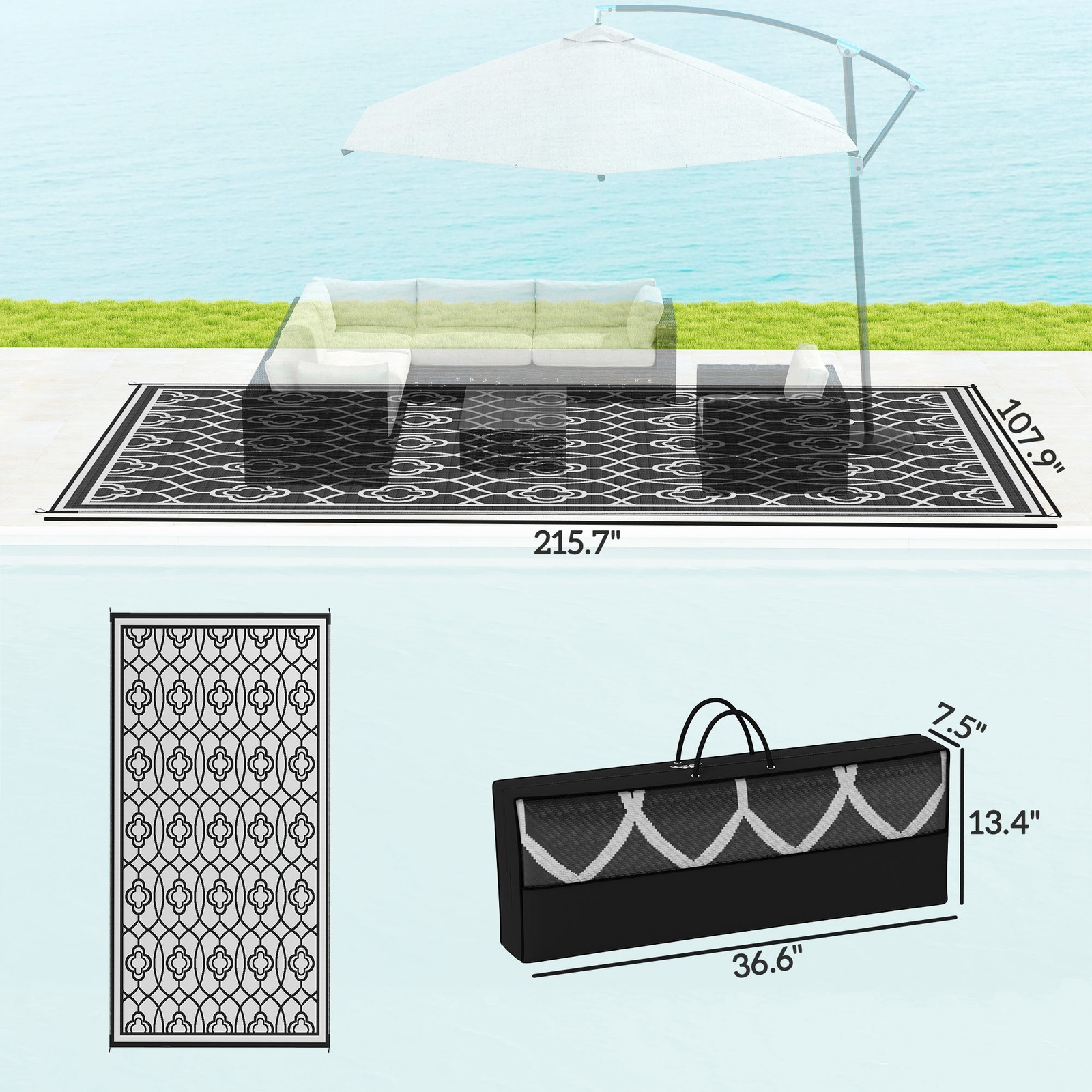 Outsunny Outdoor Rug, 9′ x 18′ Floor Mat, Black White Lantern