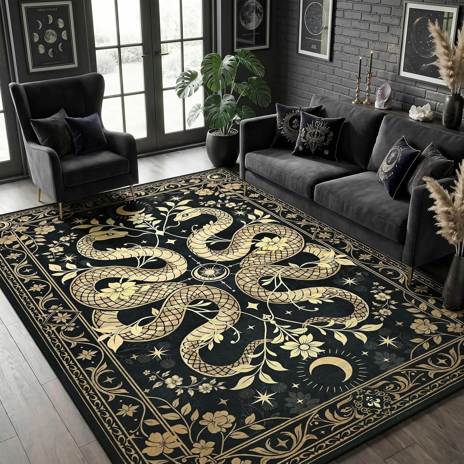 Machine Washable Snake Rug 6X9, Forest Floral Gothic Area Rugs for Living Room B