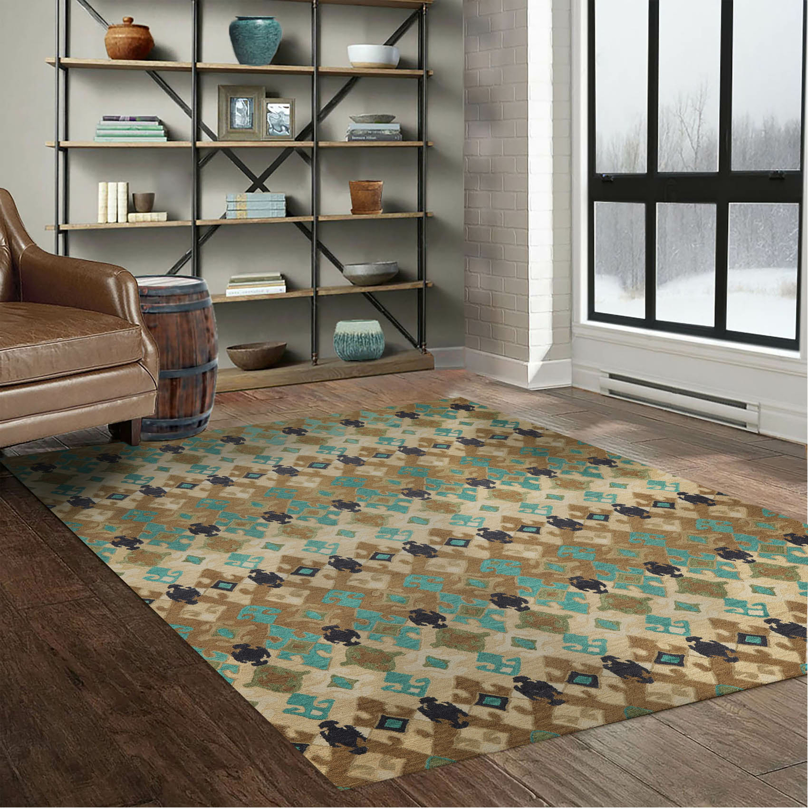 Multi Sizes Handmade 100% Wool Modern Loop & Cut Pile Area Rug Beige Turquoise