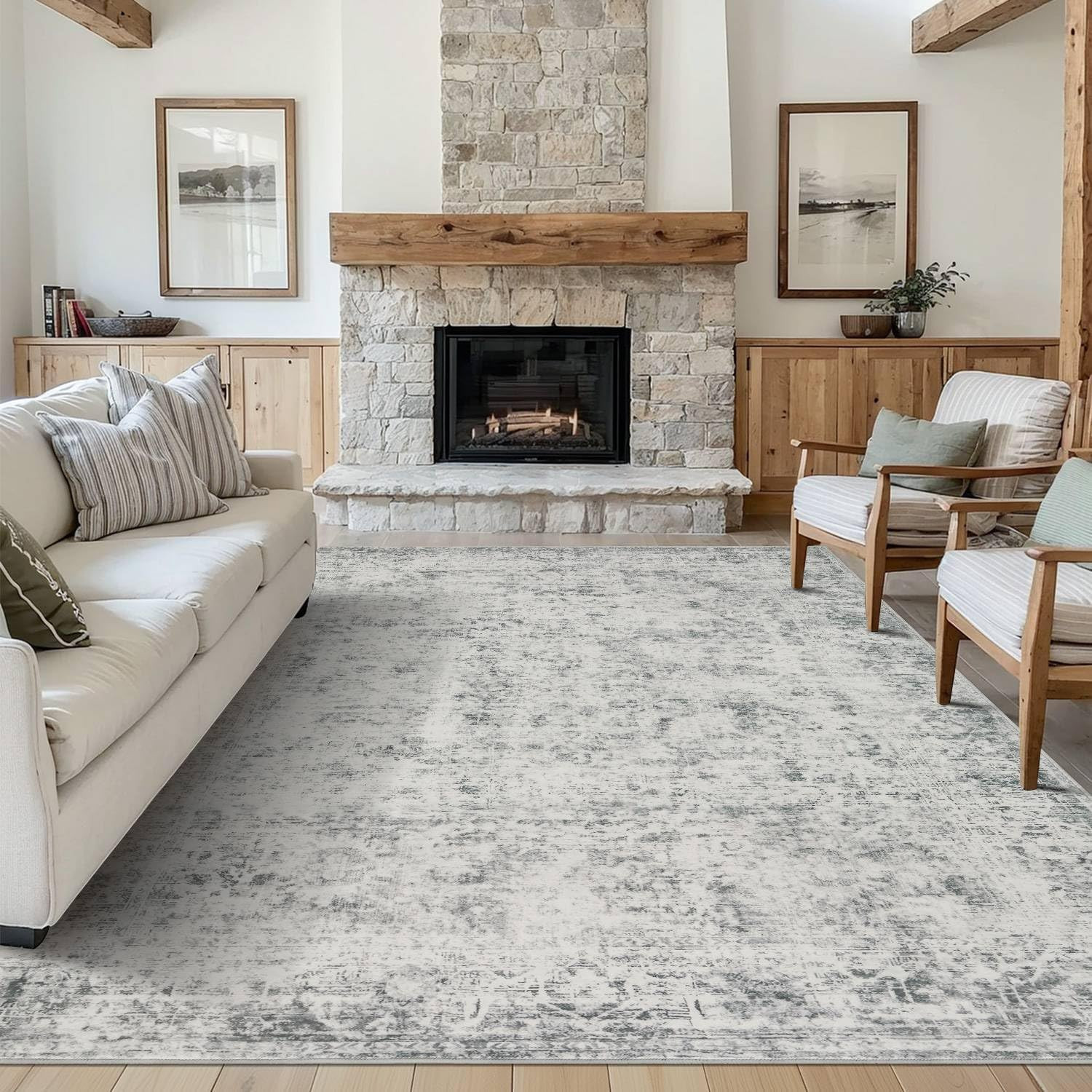 5X7 Area Rugs for Living Room Bedroom, Grey Washable Rug, Vintage Abstract Boho