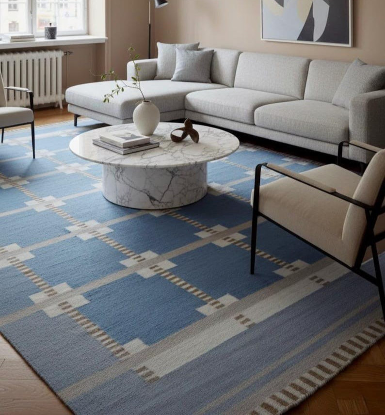 Blue Scandinavian Swedish Kilim Tile Rug Handmade Flat weave Boho Large Area Rug