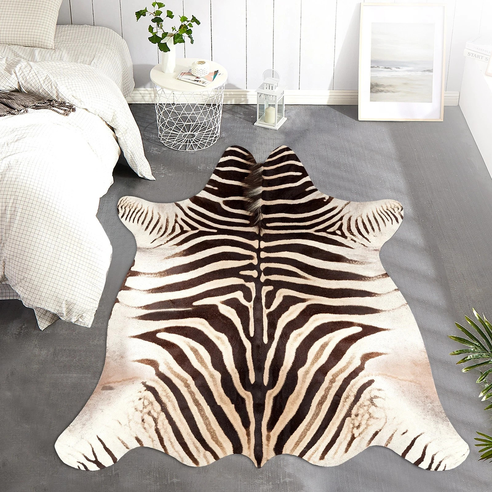 Zebra Print Area Rug Faux Skin Cowhide Animal Design Mat Faux Suede Indoor Floor