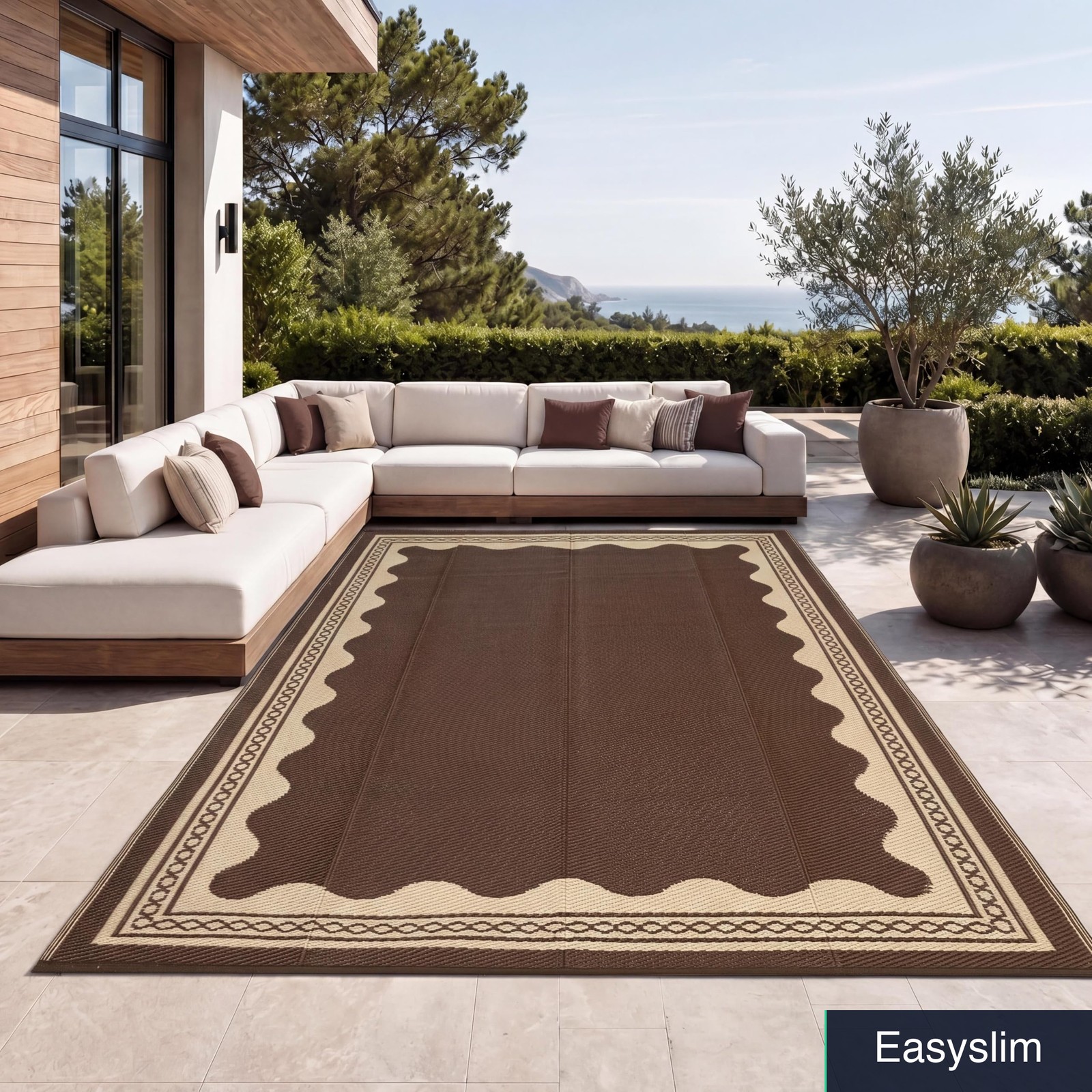 Outdoor Rug 9×12 Reversible Waterproof Patio Brown Scalloped