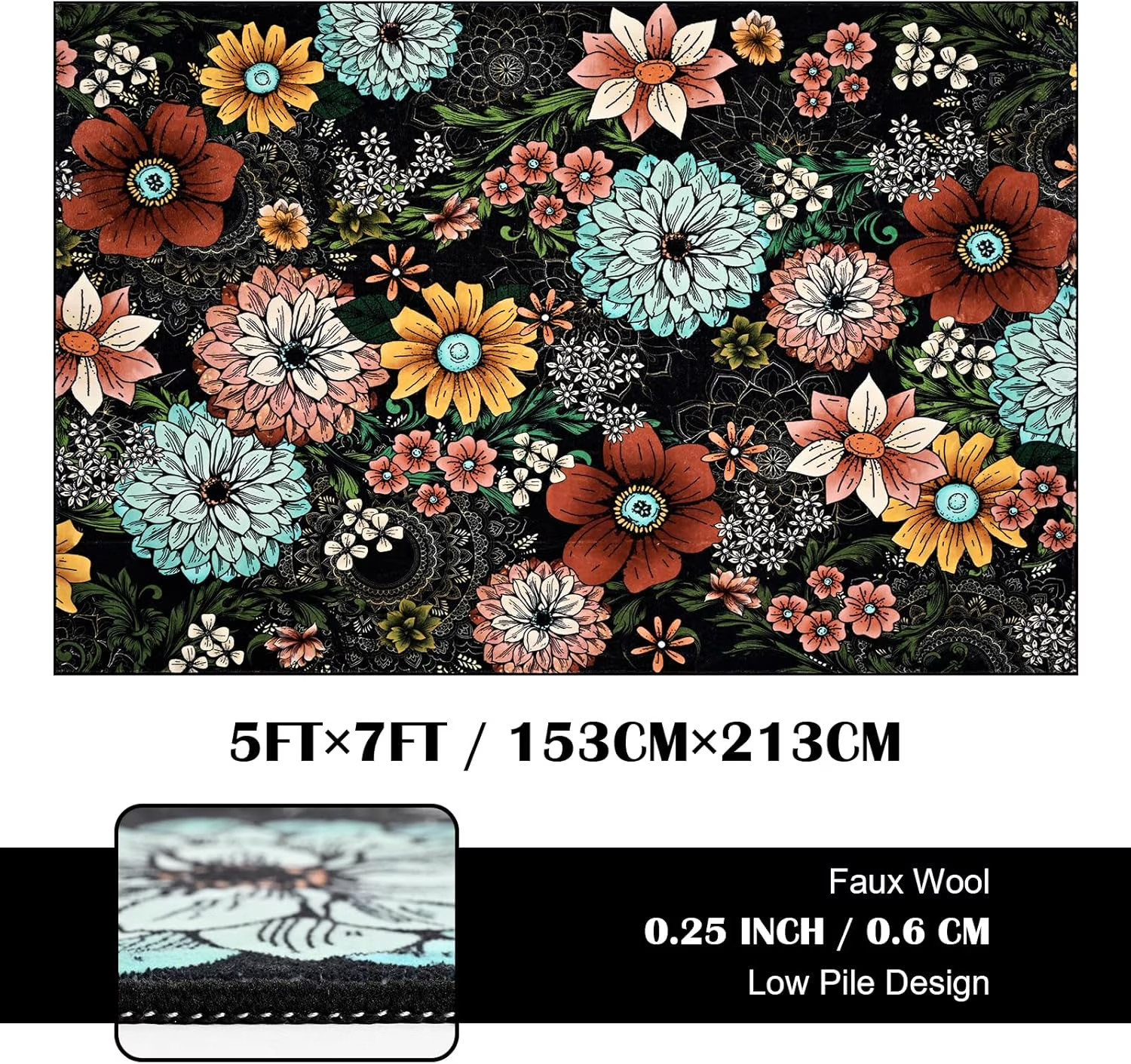 Boho Floral Area Rugs for Living Room 5X7, Washable Soft Faux Wool Rug Carpet fo