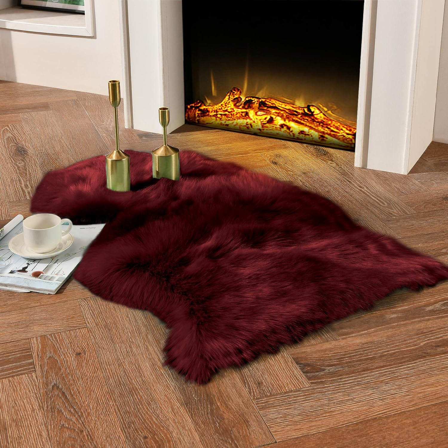 Burgundy Sheepskin Throw Rug 2×3 ft, Fluffy Shag Faux Fur Seat Chair Covers Non